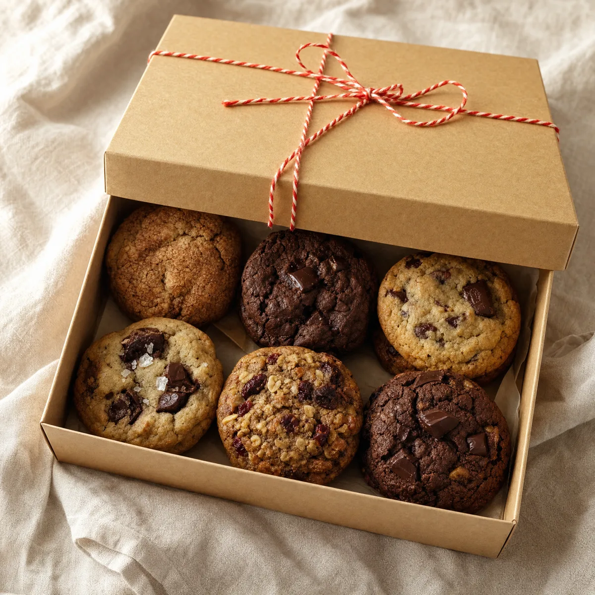 A kraft cookie box tied with red baker's twine, filled with six cookies