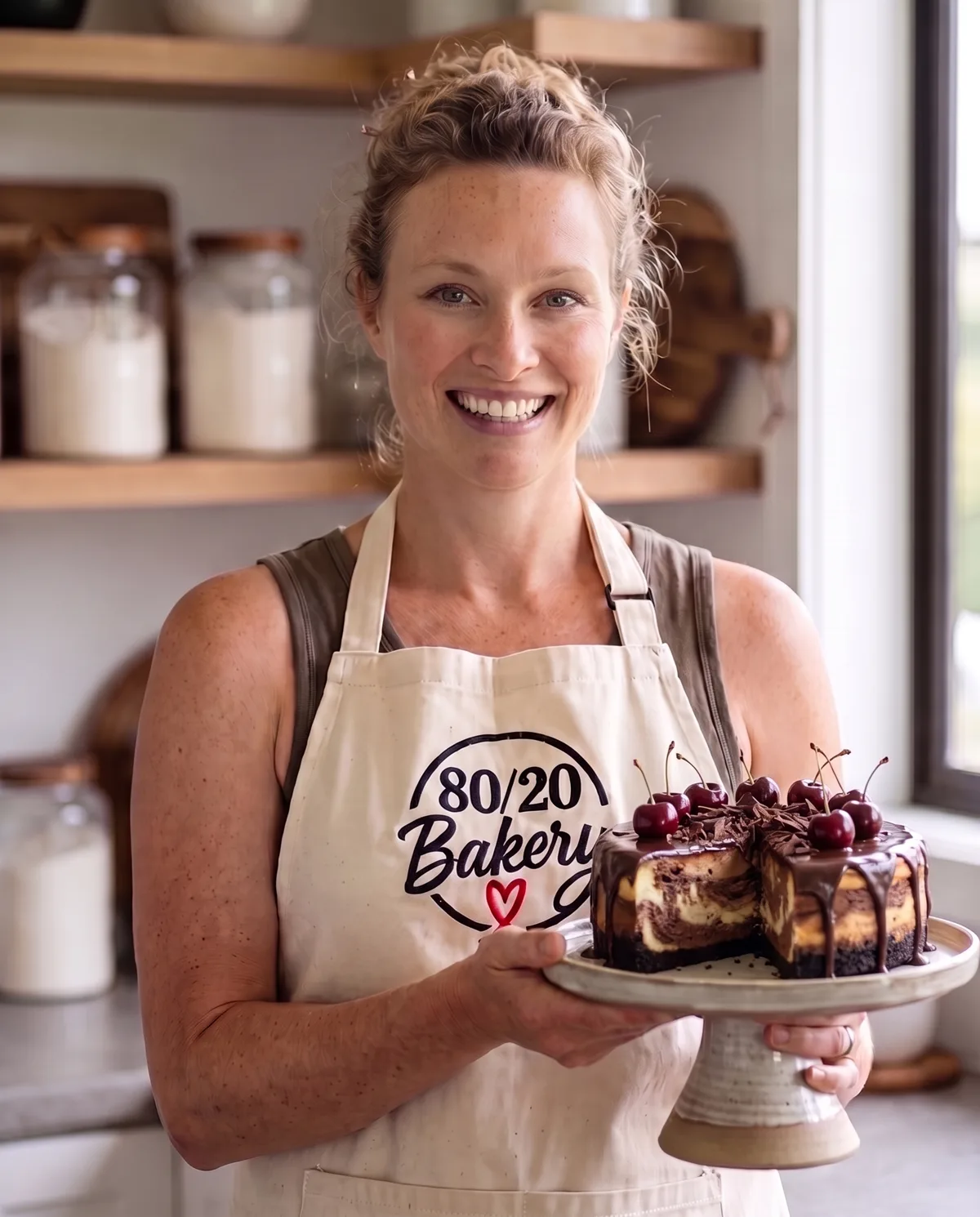 Laura Nugent in her 80/20 Bakery apron, holding a chocolate cherry cheesecake